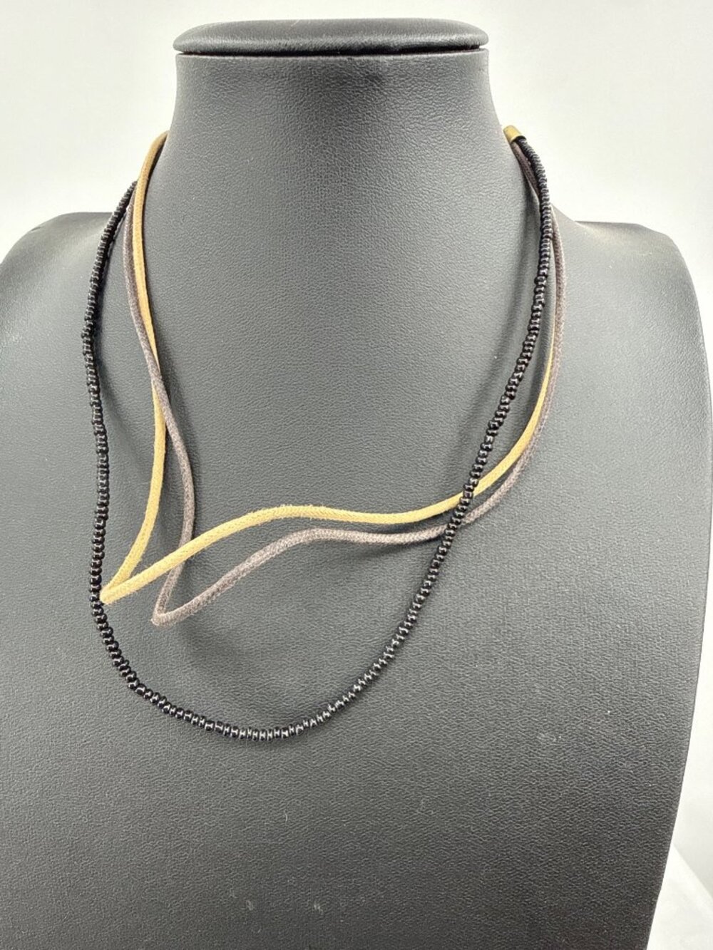 Boho Minimalist Layered Cord Necklace Dark Gunmetal Faceted Seed Bead Suede
